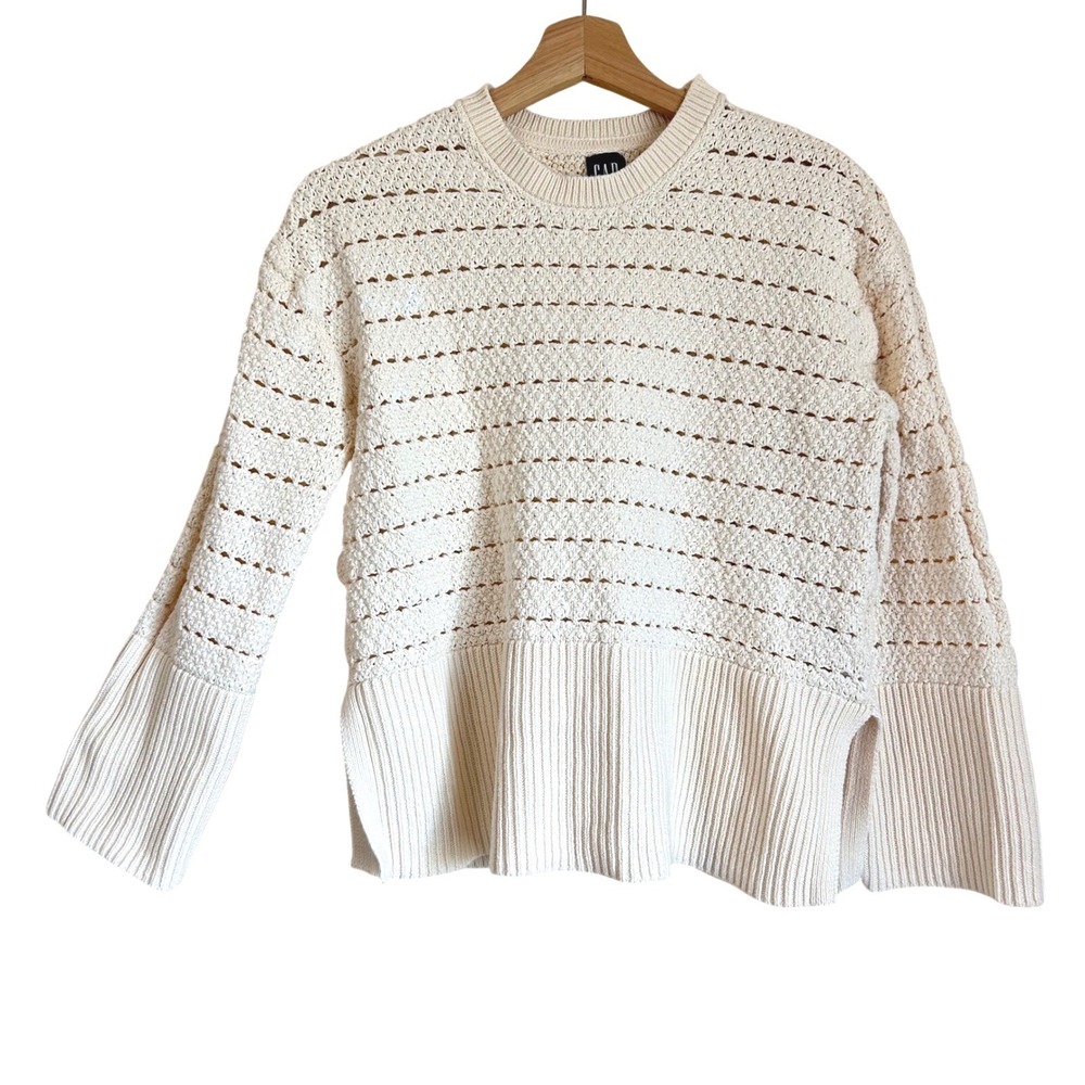 Gap Size XS Cream Cotton Crochet Pointelle Open Knit Sweater Cottage Fisherman